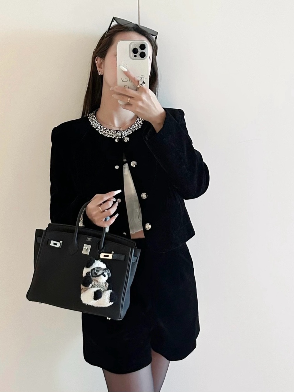 Boutique Elegant Black Velvet Cropped Jacket with Embellished Collar
